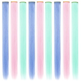 RYH 9 Pieces Clip-In Coloured Hair Extensions for Women Rainbow Hairpieces Wig for Women Multicoloured Party Hightlight Clips (Light Blue, Light Pink, Light Green)