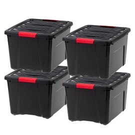 IRIS USA 40 Qt Stackable Plastic Storage Bins with Lids, 4 Pack - BPA-Free, Made in USA - Garage Organizing Solution, Latches, Durable Nestable Containers, Secure Pull Handle - Black