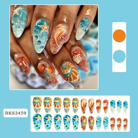 Ocean Press on Nails Medium Length Almond False Nail Starfish Seashells Design Full Cover Summer Press on Stick on Nails Blue Artificial Acrylic Nails for Women Nail Art Manicure 24 Pcs