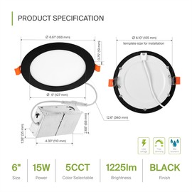 ASD 6 Pack LED Recessed Lighting 6 Inch 15W, 5 CCT 2700K-5000K CRI90+, IC Rated Ultra Thin Dimmable Ceiling Lights with J Box, Canless Wafer Downlight, Round Slim Panel Light, UL Energy Star, Black