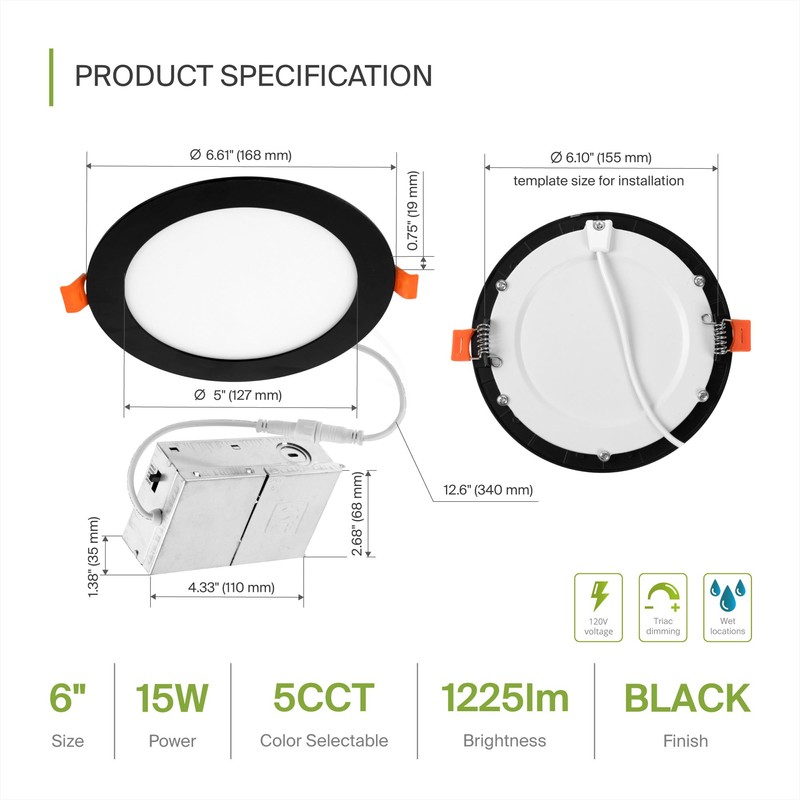 ASD 6 Pack LED Recessed Lighting 6 Inch 15W, 5