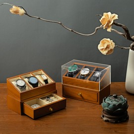 Woodten Solid Wood Watch Display with Acrylic Cover - 3 Slots Watch Case with Drawer for Jewelry Storage, Perfect for Jewelers, Exhibits, or Home Decor(Grey)