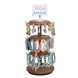 MOOCA 3 Tier Wooden Bracelet Holder, Jewelry Display Stand, Rotating Bracelet Display, With 42 Hooks, Brown Color, 7.9" W X 7.9" D X 14.8" H