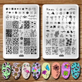 Flowers Leaf Nail Stamping Plates 2pcs Large Nail Stamper Plate Daisy Flower Flamingo Butterfly Image Stamp Templates Reusable Stencils Clover Plantillas Manicure Stamping Plate Template for Girls