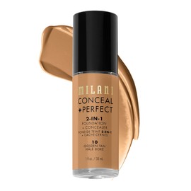 Milani Conceal + Perfect 2-in-1 Foundation + Concealer for a Flawless Complexion, Under Eye Corrector, Cover Redness and Imperfections, Waterproof and Sweatproof - 10-Golden Tan