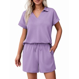 PINSPARK Womens Loungewear Set Short Sleeve Tracksuit V-Neck Pullover Tops with Side Slit Short Pants with Drawstring Sweatsuit 2025 Summer Two Piece Set Casual Airport Outfits, Purple L