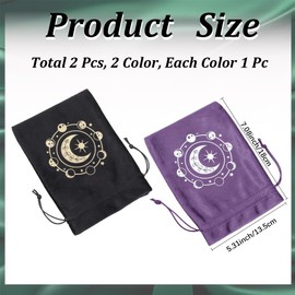 CREATCABIN Pack of 2 Tarot Cards Storage Bags with Drawstring Tarot Card Holder Tarot Card Bags Black/Purple Moon Phase Jewellery Packaging Velvet Bag for Crystals Cube Runes Altar 13.5 x 18 cm
