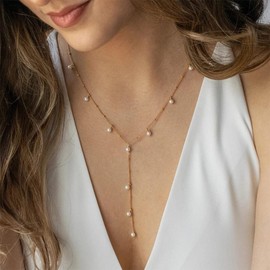 TOBENY Gold Long Lariat Necklace for Women Danity Y Necklace 14k Gold Plated Y-Shaped Pendant Necklace Beaded CZ Circle Drop Necklaces Jewelry Gift for Wedding