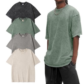 Eisctnd Men Oversized T Shirts Vintage Tee Loose Fit Short Unisex Tops Solid Basic T Shirts(4-Black+Beige+Grey+Green-L)