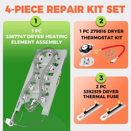 wp3387747 3387747 Dryer Heating Element Replacement Compatible with Whirlpool Dryer WP3387747 by Romalon with 279816 & 3392519 Dryer Thermal Fuse Thermostat Kit Replaces AP6008281 PS11741416