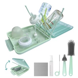 Baby Bottle Brush, 7 in 1 Travel Bottle Cleaner Kit with Silicone Bottle Brush, Nipple Brush, Straw Brush, Soap Dispenser, Bottle Drying Rack, Dishcloths, Portable Essentials for Home and Travel-Green