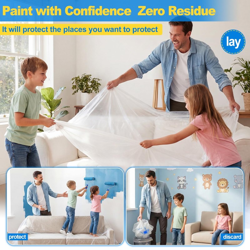 6 Pack Plastic Drop Cloths for Painting 9x12ft - Disposable