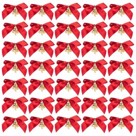 Framendino, 30 Pack Red Christmas Tree Bows Satin Ribbon Bows Christmas Bows Mini Bows with Bell Wrapping Scrapbooking Wedding DIY Craft