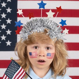 4th of July Head Boppers Independence Day Headband Patriotic Themed Party Hair Hoop Stars Silver Tassels Headwear Glitter Hair Band Hair Decorations White Blue Red Hair Supplies Hair Accessories 1PCS