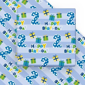 WRAPAHOLIC 2nd Birthday Wrapping Paper Sheet - 6 Sheets Blue Happy Birthday with Gift Box Design Folded Flat for Birthday, Party, Baby Showers - 19.7 Inch X 27.5 Inch Per Sheet