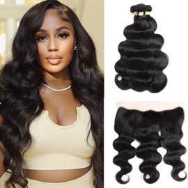 Yifute Human Hair Bundles With Frontal(30 30 30 + 18,Free Part) 100% Natural Body Wave Human Hair Extensions 13x4 HD Transparent Lace Frontal With Black Body Wave Weave 3 Bundles Real Human Hair