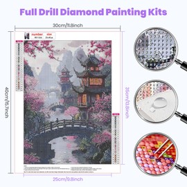 HEIBAGO 5D Diamond Painting Kits for Adults, DIY Chinese Tower Full Drill Diamond Art Painting Kits, Diamond Dots Kits Flower Crystal Rhinestone Embroidery Art Pictures for Home Wall 30x40cm