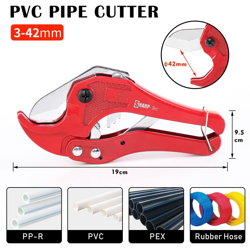 Sharp-tec Plastic Pipe Cutter 3-42mm, Heavy Duty Ratchet PVC Pipe