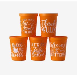 Yippee Daisy Thanksgiving Friendsgiving Hostess Gift Potluck Drink Cups – Set of 5 Fall Cups with Funny Thanksgiving Messages – Safe Food Grade Orange Cups Ideal for Thanksgiving Dinner