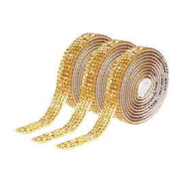 SM SunniMix 3 Pieces Rhinestone Ribbons Multipurpose Self Sticky Rhinestone Strips Rolls for DIY Art Crafts Clothes Hair Bow Car, Gold