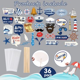 36 Pieces Nautical Photo Booth Props, Sailor Birthday Party Supplies, Cruise Anchor Sailboat Yacht Photography Props for Party Decorations