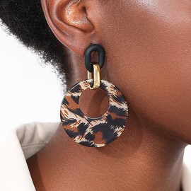 TseenYi Leopard Earrings Round Tortoiseshell Acrylic Earrings Geometric Circle Hoop Earrings Leopard Disc Circle Drop Earrings Large Link Drop Earrings, Zinc, No Gemstone