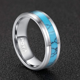 POYA 8mm Tungsten Wedding Band Turquoise Rings for Men Beveled Edges Comfort Fit(9)