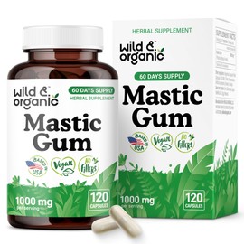 Wild & Organic Mastic Gum Capsules - 1000 mg Mastic Gum Resin Supplement for Gut Support - 2 Month Supply - 120 Vegan Capsules - No Fillers, Non-GMO, Gluten-Free