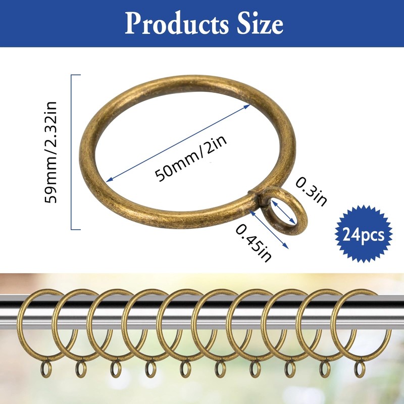 Businey 24 Pack Curtain Rings 50mm Bronze Metal Curtain Rings