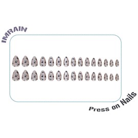 IMRAIN Flower Press on Nails Medium Almond Fake Nails Bling Cat Eye Glossy Glue on Acrylic Nails Full Cover Aurora Glitter Gel Artificial False Nails Press ons for Women Girls 24Pcs