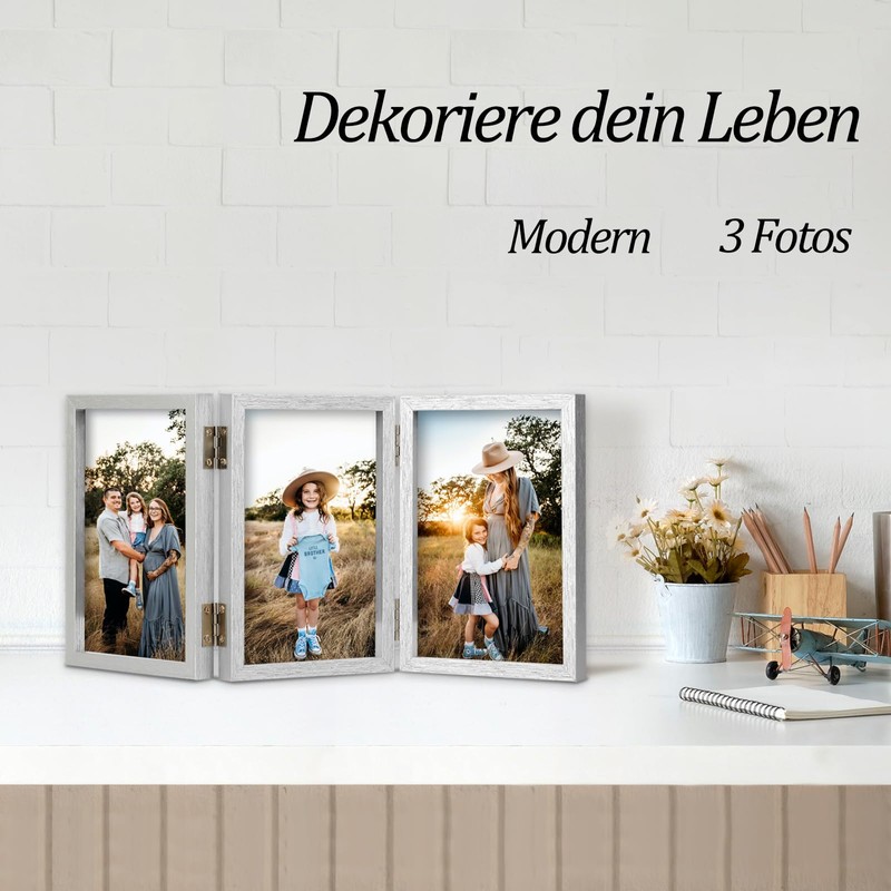 5x7 Wooden Triple Photo Frame with Glass Front Vertical Stand