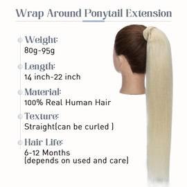 Rich Choices Ponytail Extension Human Hair Wrap Around Ponytail Hair Extension Straight 20 Inch #60 Platinum Blonde Hair Ponytail Extension Real Remy Human Hair Extensions Hairpieces for Women