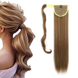 iLUU 24" Straight Clip In Wrap Around Ponytail Synthetic Hair Extension #10/613 Brown and Bleach Blonde Mixed Color Synthetic Hairpiece 100g for Women Girl
