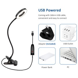 Akynite 7W USB Clip Desk Light with UK Adapter, 48 LED Bedside Reading Lamp Clamp, 3 Colors Changing & 10 Brightness, Gooseneck Night Light Headboard Lamp for Kids, Flexible Lamp for Home, Black