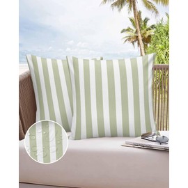 Outdoor Waterproof Throw Pillow Covers Set of 2 Sage Green Stripes Decorative Pillowcases Square Outdoor Pillows Cushion Case 18x18 Inch Simple Style Patio Pillows for Couch Sofa Bed Garden