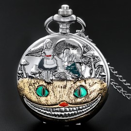 Tiong Silver Alice in Wonderland Pocket Watch Roman Numerals Quartz Women's Pocket Watches with Chain Pendant Necklace for Girls