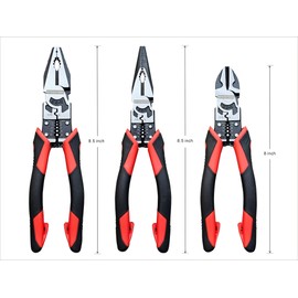 3PCS Combination Pliers Set, 9 In 1 Multifunction Electrician Tool, 8.5" Long Nose, 8.5" Linemens, 8" Diagonal Cutting Wire Stripper/Heavy Duty Side-Cut (Red/Black)