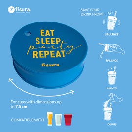 Fisura – Original drink cover. pack reusable drink spiking prevention made of silicone. Washable drink protection cup with Straw hole. An Ideal Gift for party (Eat, sleep, Blue, 1 unit)