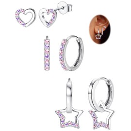 JeweBella 3 Pairs 925 Sterling Silver Post Earrings for Women Girls Hypoallergenic Heart Star Stud Hoops Dangle Earrings Set for Women Silver Studs Hoop Earring Sets for Multiple Piercings