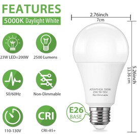 Prosperbiz A21 LED Light Bulb, 150-200W Equivalent 23W LED Bulbs, Super Bright 2500 Lumens 5000K Daylight White Light Bulb E26 Standard Base for Home Lighting 4-Pack
