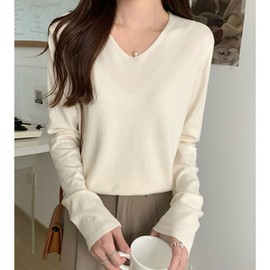 Volen Women's Knit V-Neck Sweater, Solid, Thin, Cut and Sewn, Layered, Soft, Multi-Wear, Stylish, Commuting to Work, white (off-white)