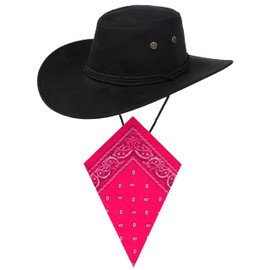 Black Cowboy Hat and Pink Bandana Western Sun Cap Faux Felt Leather Suede Fancy Dress Party Costume Outfit Neckscarf Sun Protection Mens Womens