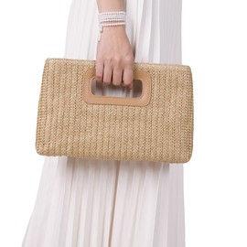 Straw Clutch Purse for Women Travel Straw Beach Tote Bag Woven Rattan Envelope Bag Top Handle Crossbody Handbag for Summer, Black, Medium