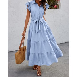 dowerme Ladies Dress 2025 Ruffle Cap Sleeve Button Down V Neck Tie Waist Plain Pleated Tiered Boho Flowy A-Line Dresses(Sky Blue,Medium)