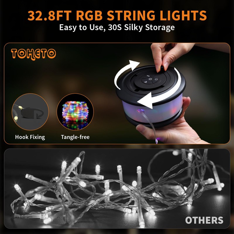 TOHETO Camping String Lights, 3 in 1 Upgraded Retractable RGB
