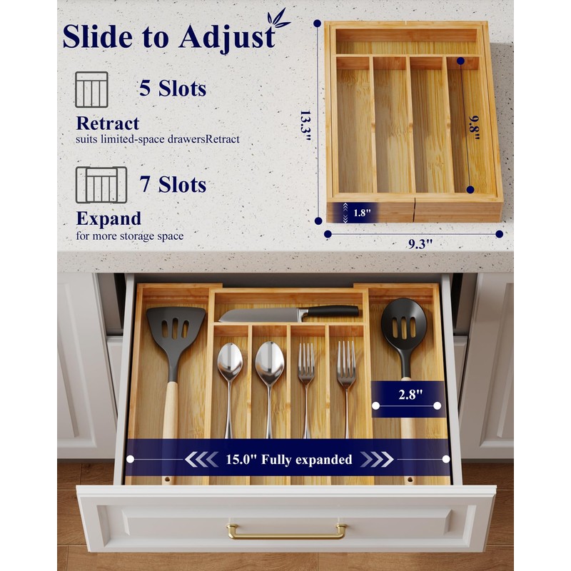Kitsure Silverware Organizer - Expandable Bamboo Kitchen Drawer Organizer for