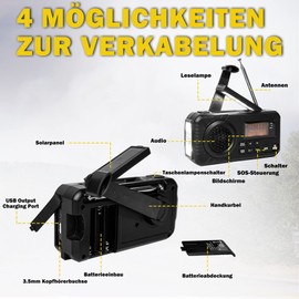 Radio Digital DAB/FM Batteria da 4000 mAh Radio di Emergenza Solare Con Funzione di Ricarica Mobile USB Radio da Campeggio Con Torcia a LED Lampada da Lettura Allarme SOS Manovella Portatile