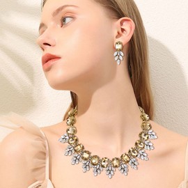 EVER FAITH Costume Crystal Art Deco Sparkly Ethnic Style Chunky Statement Jewelry Set, Vintage Oval Rhinestone Choker Necklace Earrings Set for Women Brown Antiqued Gold-Tone