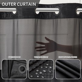 Black No Hook Double Shower Curtain Set with Snap in Liner,Heavy Duty Waffle Weave Textured Fabric Bathroom Curtains with See Through Window,Machine Washable & Waterproof,Hotel Qulity,71x72 Inch