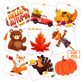 240 Pcs Autumn Temporary Tattoos for Kids, Thanksgiving Bulk Waterproof Safety Tattoos Stickers, Best Choice for Fall Goody Bag Stuffers, 60 Different Designs maple leaves pumpkins scarecrows turkeys